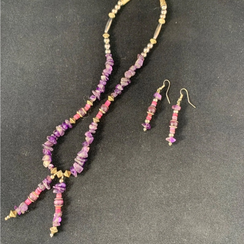 Native American amethyst and sterling silver necklace and earring set